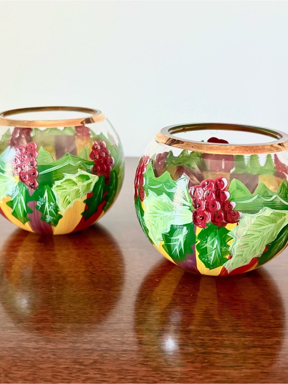 Mackenzie Childs Hand-Painted Glass Holiday Candle Holders - Red & Green size SM